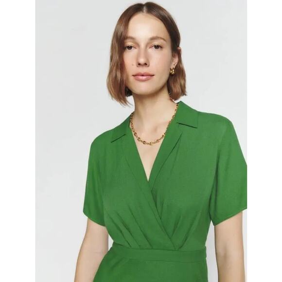 REFORMATION Green Satin Blend Short Sleeve V-Neck Danika A-Line Dress Size M - Picture 5 of 14